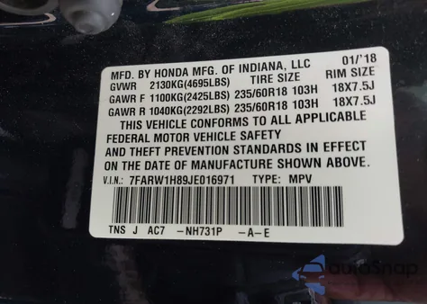 2018 Honda Cr-V Ex-L/Ex-L Navi from USA, damaged, VIN 7FARW1H89JE016971